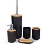 Set de Baño Set de Inodoro 5 Piezas Dispensador de Jabón, Portacepillos de Dientes, Cepillo de Baño, Jabonera & Vaso - Bambú - Producto de alta calidad para tu hogar